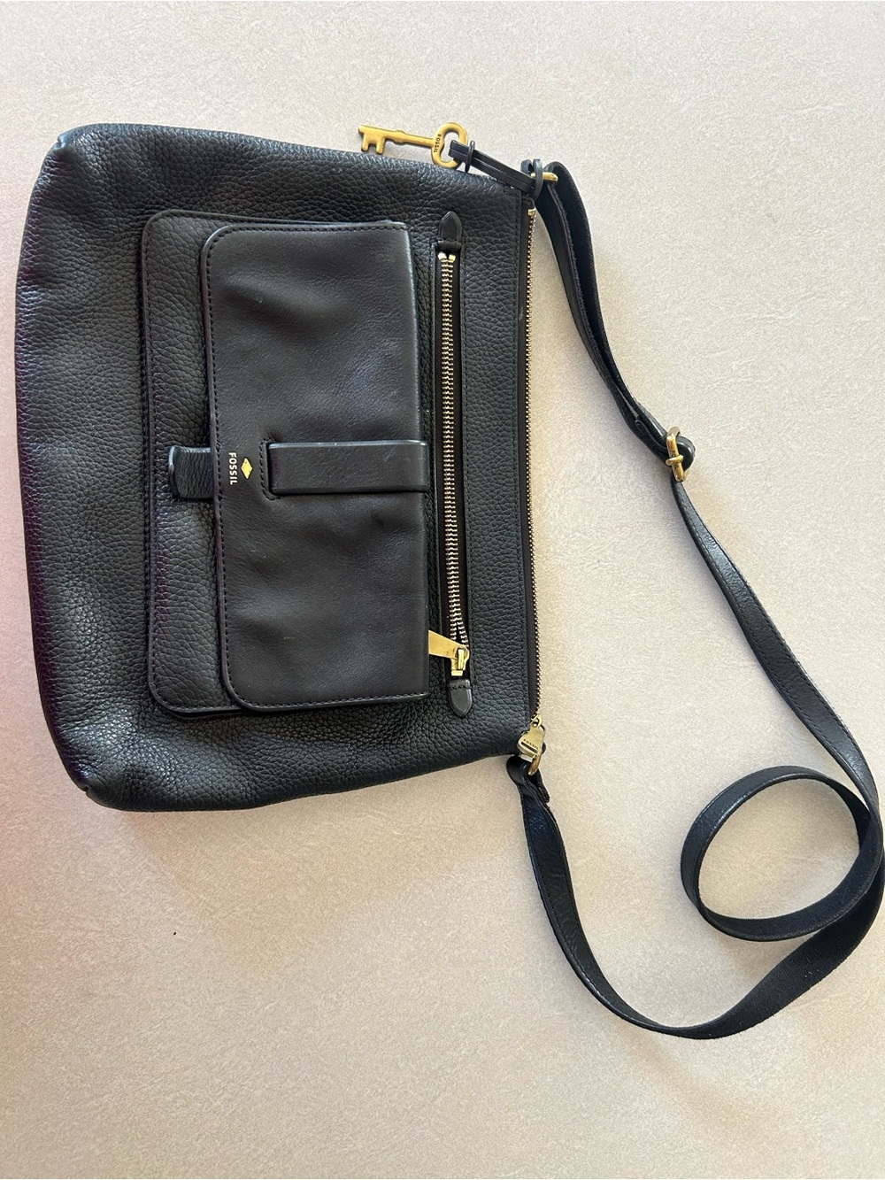 Black Leather Messenger Crossbody with Gold Accents